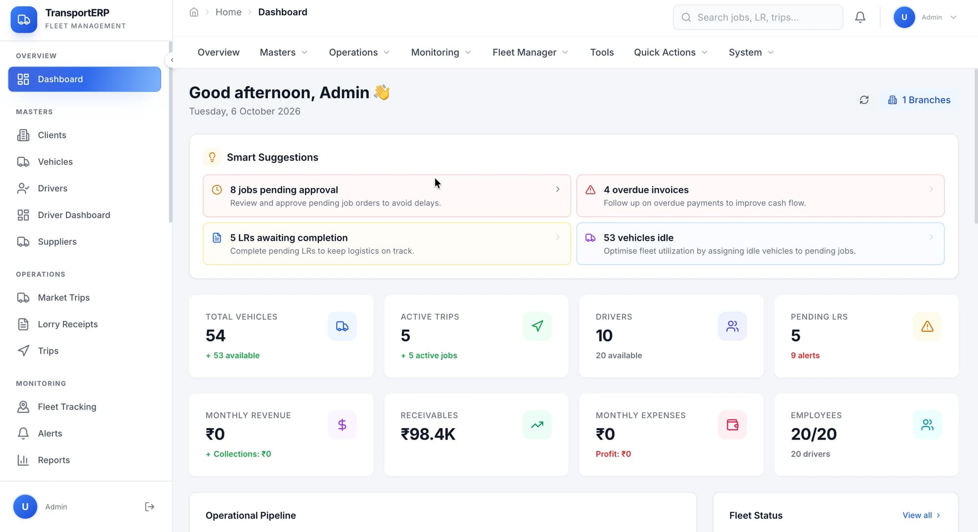 Kavya Transports fleet-management app dashboard: vehicles, active trips, drivers and pending LRs with suggested actions