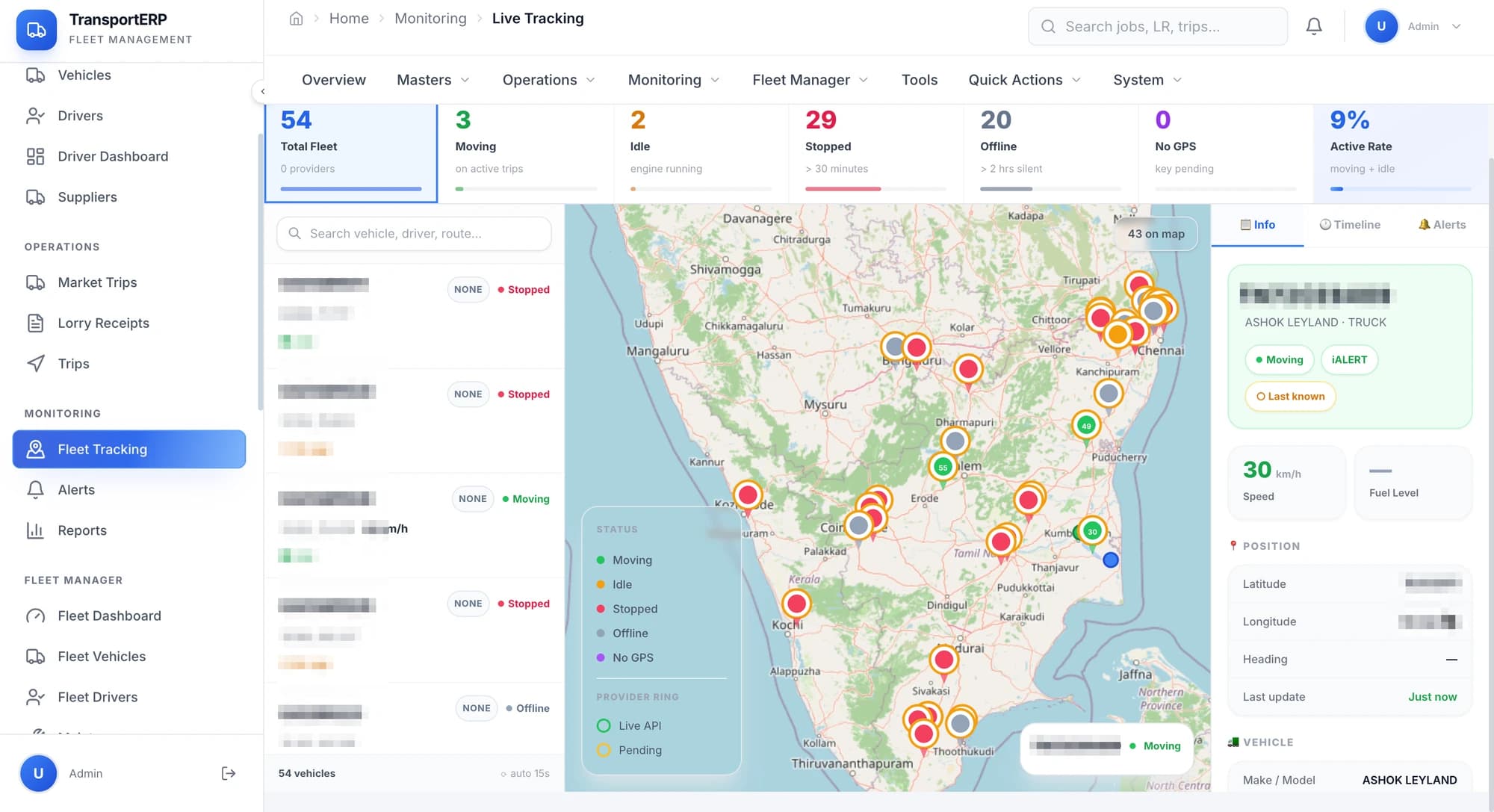 Kavya Transports fleet-management app, Live Tracking page: vehicle list, map of vehicle positions across South India and a vehicle detail panel (vehicle registrations pixelated)