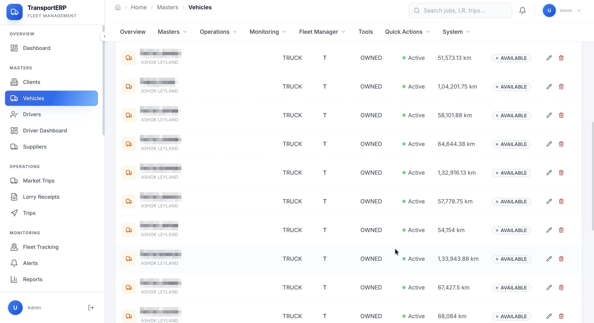 Kavya Transports fleet-management app, Vehicles page: vehicle list with make, type, ownership, status and odometer (registration numbers pixelated)
