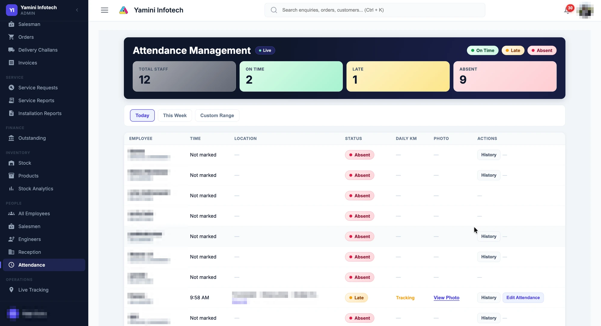 Yamini Infotech admin app, Attendance Management page: on-time, late and absent counts with a per-employee table (employee names pixelated)