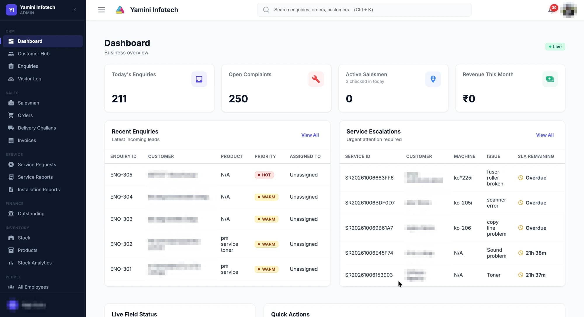 Yamini Infotech admin app dashboard: enquiries, complaints, salesmen and revenue cards with recent enquiries and service escalations (customer names pixelated)