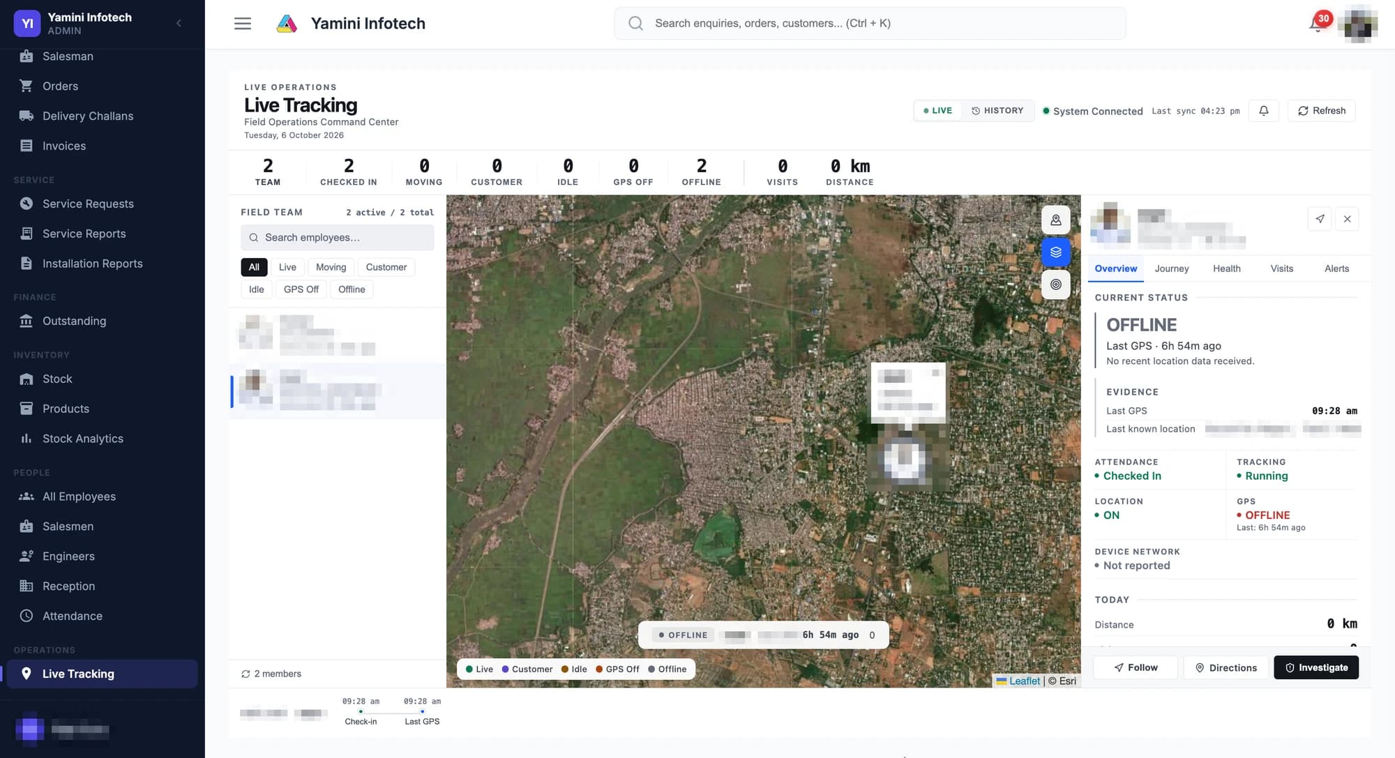 Yamini Infotech admin app, Live Tracking page: field-team list, satellite map and a per-employee status panel (employee identities pixelated)